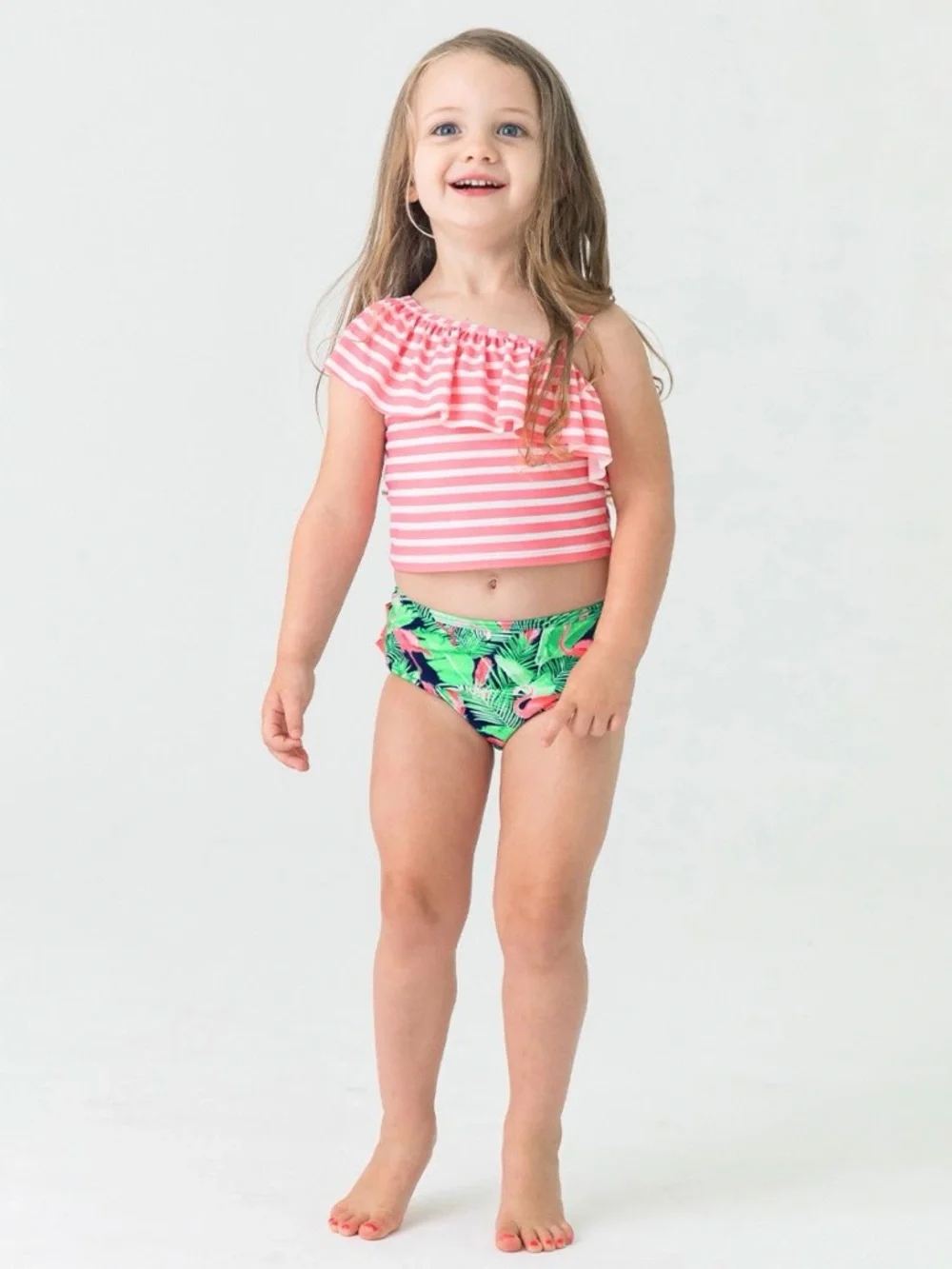 Ruffle Butts Pink Striped One-Shoulder Ruffle Bikini with Flamingo Print Bottoms